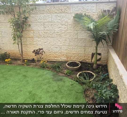 גינה עם דשא סינתטי, עצים ופרחים לאורך קיר אבן